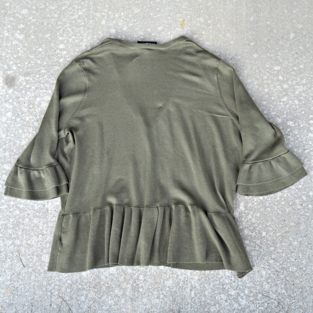 Lane Bryant ruffle-sleeve cardigan in olive green - Picture 6 of 6